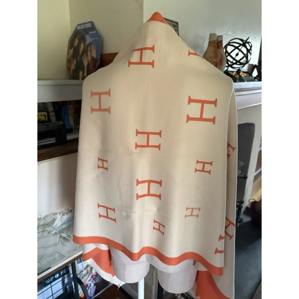 Oversized Cashmere Wrap Shawl Orange Ivory Equestrian Reversible Fringe Scarf
